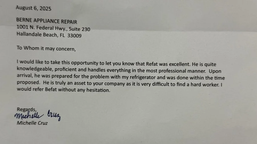 Hand-signed thank-you letter from a Cooper City customer after a refrigerator repair by Berne Appliance Repair
