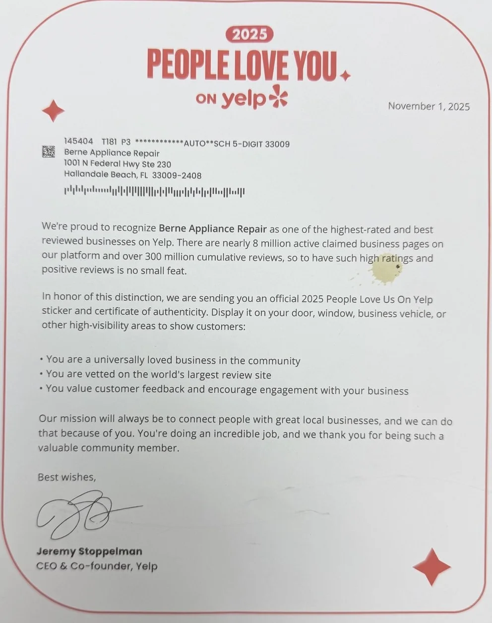 Official 2025 People Love You on Yelp recognition letter to Berne Appliance Repair, Hallandale Beach FL