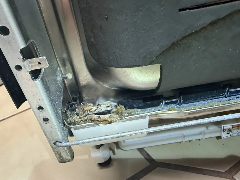 Old lower door seal with debris and residue