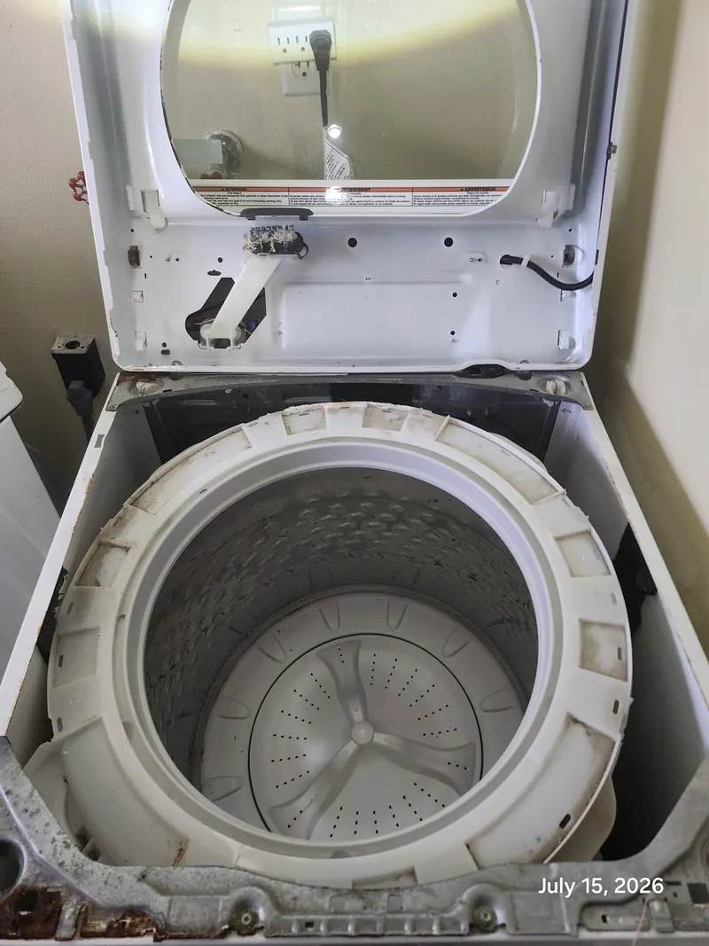 Washer with the lid open and the tub visible