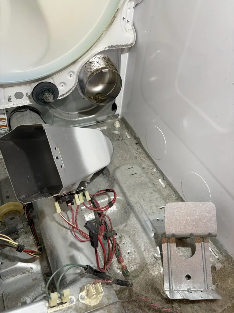 Lint buildup and wiring inside the dryer