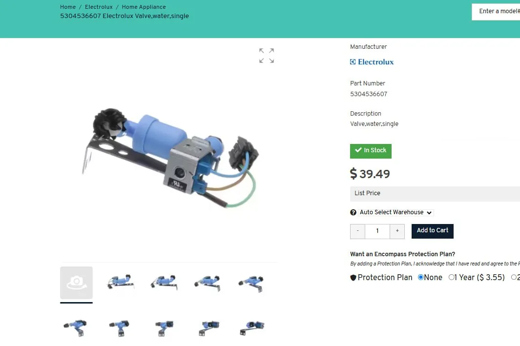 The a product page for an Electrolux water valve, likely for a refrigerator, with the part visible on a white background