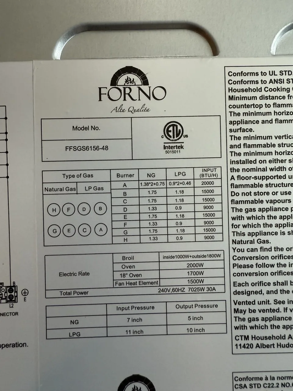 A close-up of a FORNO oven manual or specification sheet, showing model number, gas types, and electrical specifications