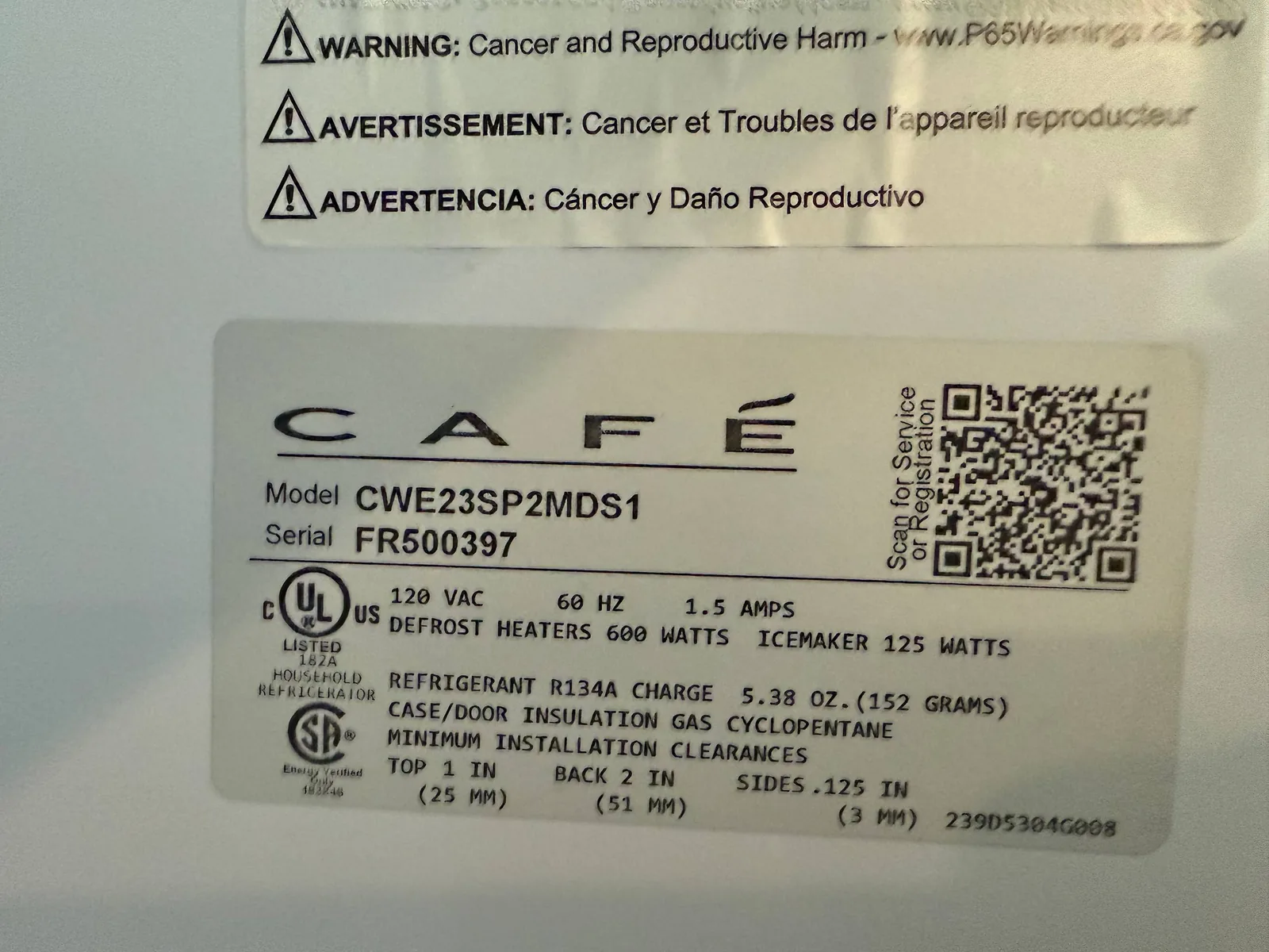 GE Cafe refrigerator service: a close-up of a Café brand refrigerator's specification label