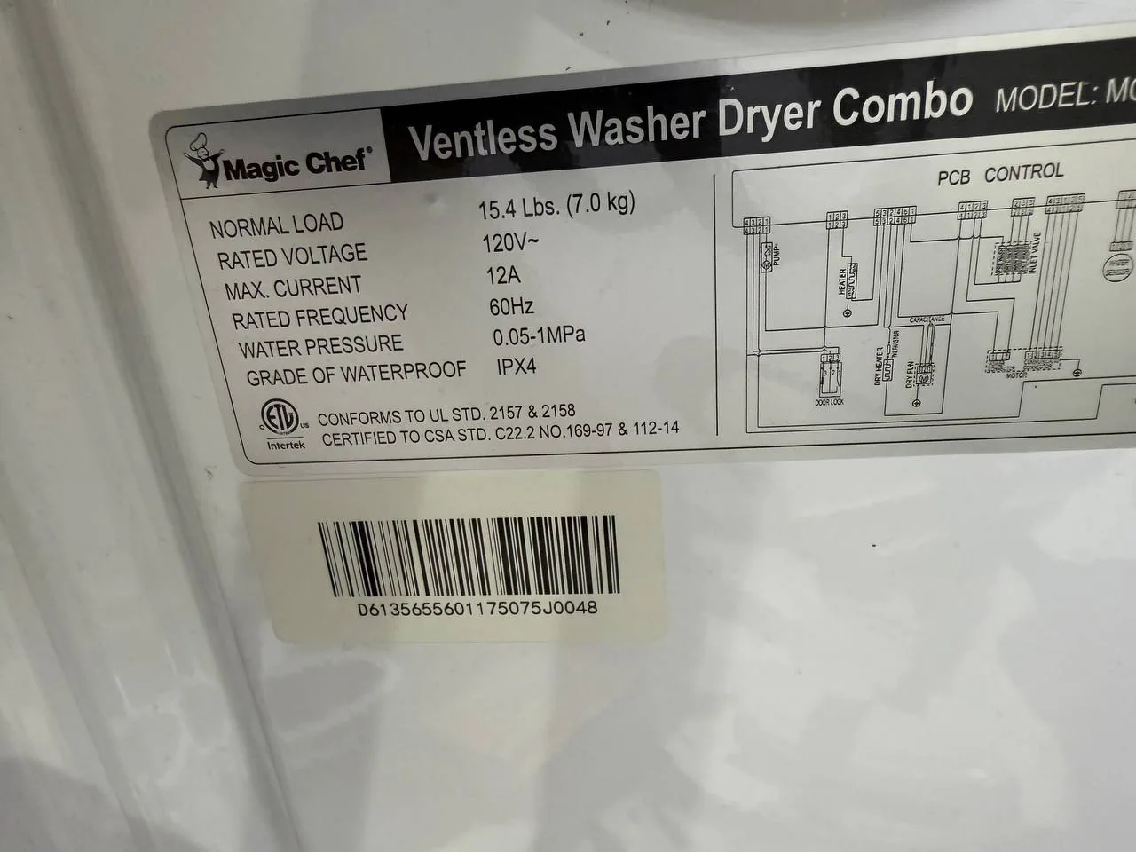 A close-up of a Magic Chef ventless washer dryer combo label showing specifications and a wiring diagram