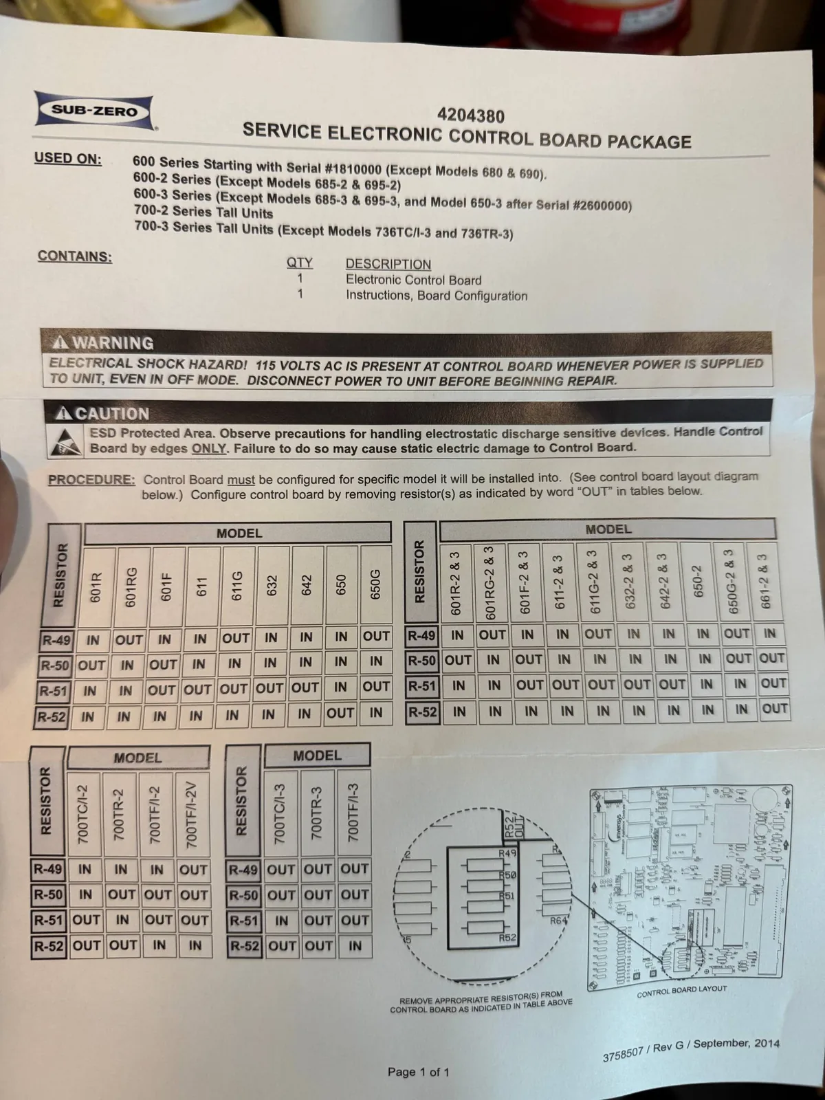 A Sub-Zero service electronic control board package instruction sheet, showing model compatibility and configuration details
