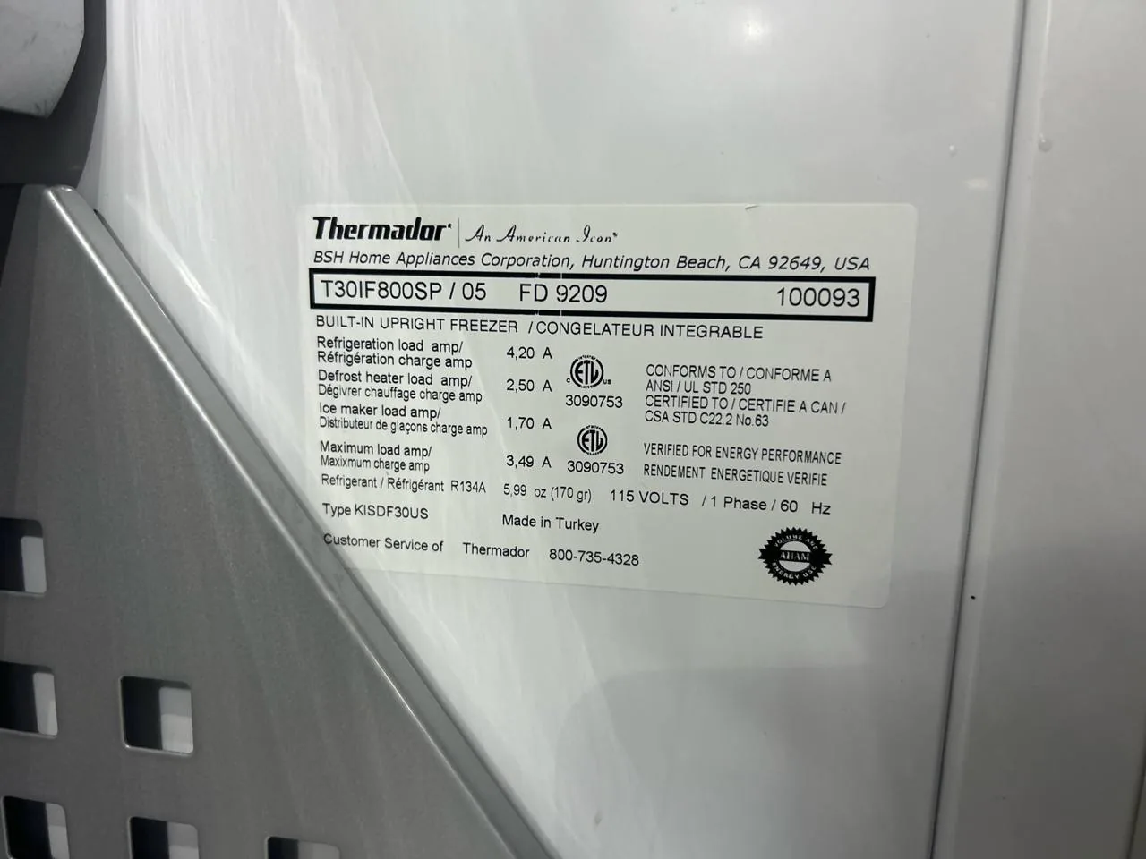 A Thermador refrigerator data plate